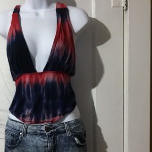Fashion Nova Blue and Red Tie Dye Bodysuit